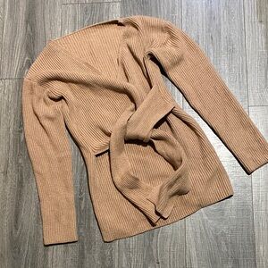 Tan Faux Wrap Ribbed Knit Long sweater